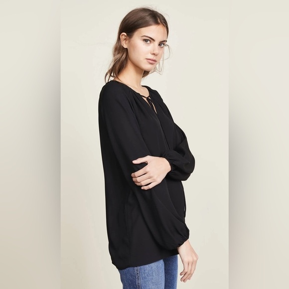 Theory Silk Gathered Slit Neck Top – Black, Size Large - Picture 4 of 8